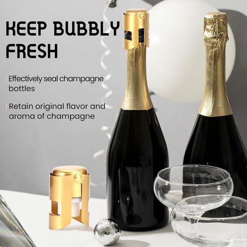 Champagne Stoppers Stainless Steel, Prosecco Sparkling Wine Bottle Stopper with Silicone Sealing Plug, Leak proof Keep Fresh Reusable Champagne Cork & Saver (Gold, 2 Pack)