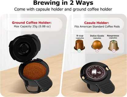 Bonsenkitchen 2-in-1 Coffee Maker - Fast Brewing for K-Cup & Ground Coffee (6-14oz) | Compact & Travel Mug Compatible for Home or Office