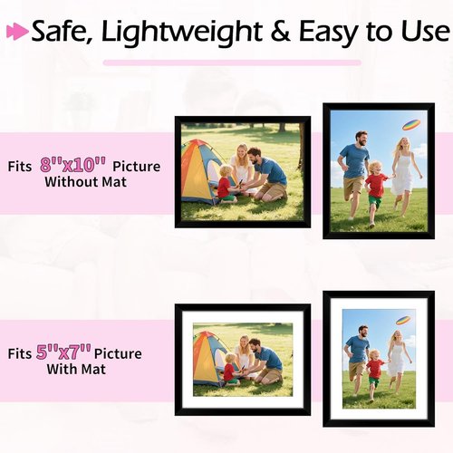HOMERHYME 8x10 Picture Frame Set of 8 - Black Tabletop & Wall Display Frames | Fits 5x7 with Mat or 8x10 Without