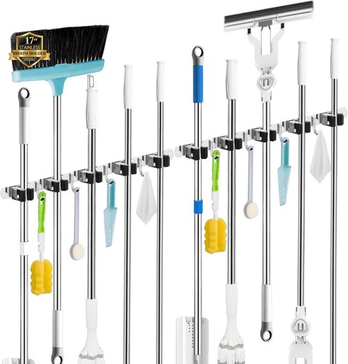 AceMining Wall Mounted Broom and Mop Holder - 3 Pack Heavy Duty Stainless Steel Organizer with 4 Hooks