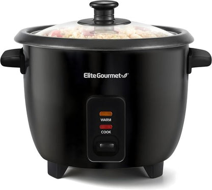 Elite Gourmet Electric Rice Cooker - Non-Stick Inner Pot & Steam Tray | 6 Cups Cooked, Black