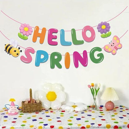 Hello Spring Banner - Colorful Spring Party Decorations with Bee, Butterfly & Flower | No DIY Needed