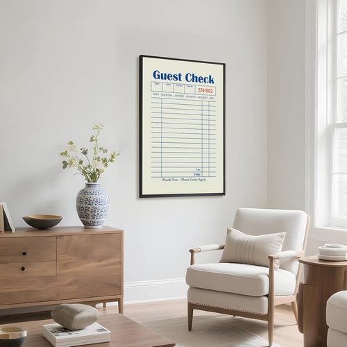 Licpach Canvas Print - Retro Guest Check Wall Art for Dining Room | Funny Blue Receipt Design, 8x12 Inch Black Frame
