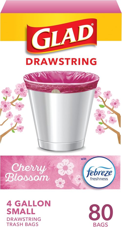 Glad 4 Gallon Small Trash Bags - Febreze Cherry Blossom Scent, Odor Resistant, 80 Count