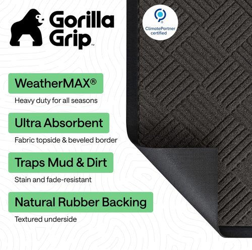 GORILLA GRIP Waterproof All-Season WeatherMAX Doormat - Natural Rubber, Stain Resistant, 29x17 Gray Diamond