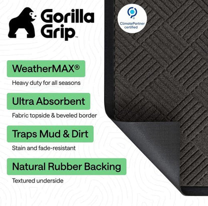 GORILLA GRIP Waterproof All-Season WeatherMAX Doormat - Natural Rubber, Stain Resistant, 29x17 Gray Diamond