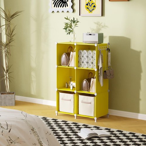 AWTATOS Cube Storage Organizer - 6 Cube DIY Stackable Bookshelf for Bedroom & Home - Yellow