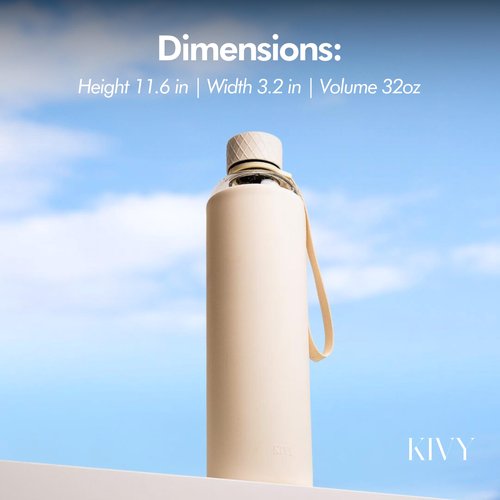 KIVY Glass Water Bottle with Silicone Sleeve 32 oz [WITH MEASUREMENT] - Borosilicate Glass Water Bottle Screw Top - Clear Bottles with Measurement Marking - Slim Waterbottle Aesthetic - Cream White