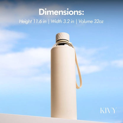 KIVY Glass Water Bottle with Silicone Sleeve 32 oz [WITH MEASUREMENT] - Borosilicate Glass Water Bottle Screw Top - Clear Bottles with Measurement Marking - Slim Waterbottle Aesthetic - Cream White