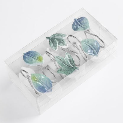 Gibelle 12PCS Leaves Shower Curtain Hooks, Blue Plant Leaf Decorative Shower Curtain Hooks Metal Rustproof Cute Eucalyptus Shower Curtain Rings Bathroom Decoration Accessories