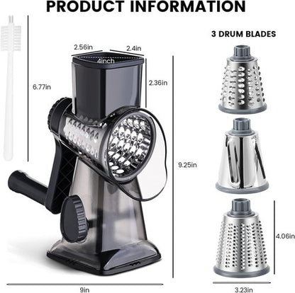 HANSGO Rotary Cheese Grater - Hand Crank Shredder with 3 Metal Blades & Non-Slip Base | Kitchen Gadget for Cheese & Veggies