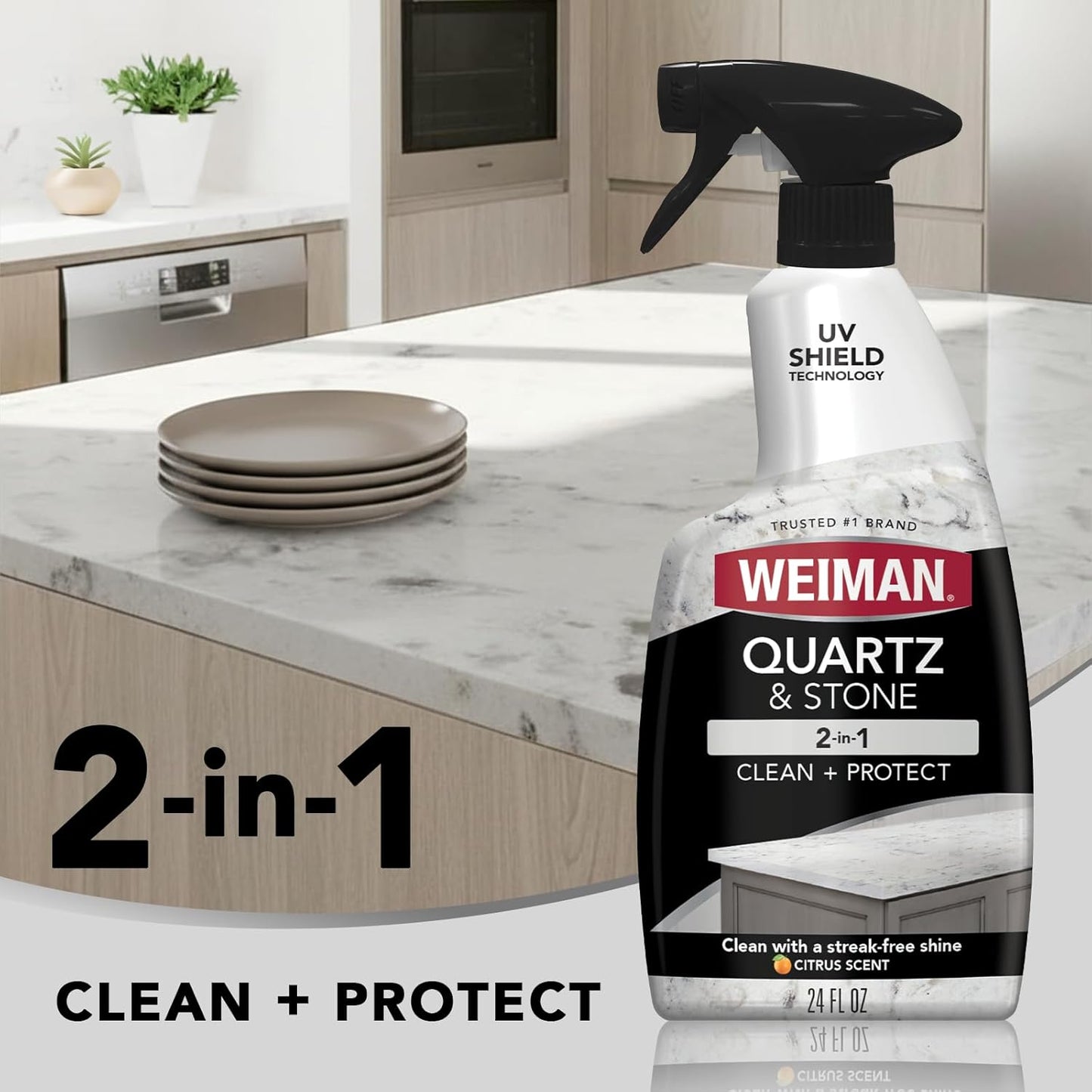 Weiman Quartz Countertop Cleaner - UV Protection for Stone Surfaces | 24 Ounce with Microfiber Towel, 2 Pack