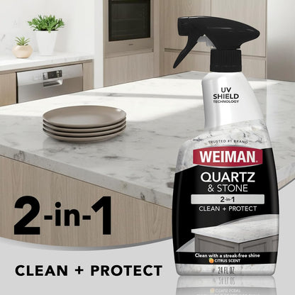 Weiman Quartz Countertop Cleaner - UV Protection for Stone Surfaces | 24 Ounce with Microfiber Towel, 2 Pack