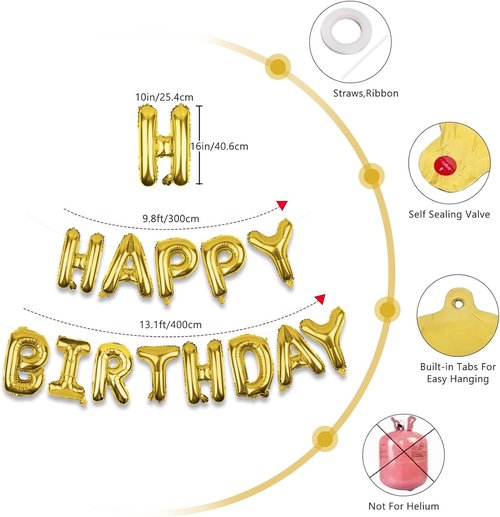 Gold Happy Birthday Balloons Banner - 16 Inch Mylar Foil Letters | Reusable Party Decor for All Ages