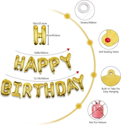 Gold Happy Birthday Balloons Banner - 16 Inch Mylar Foil Letters | Reusable Party Decor for All Ages