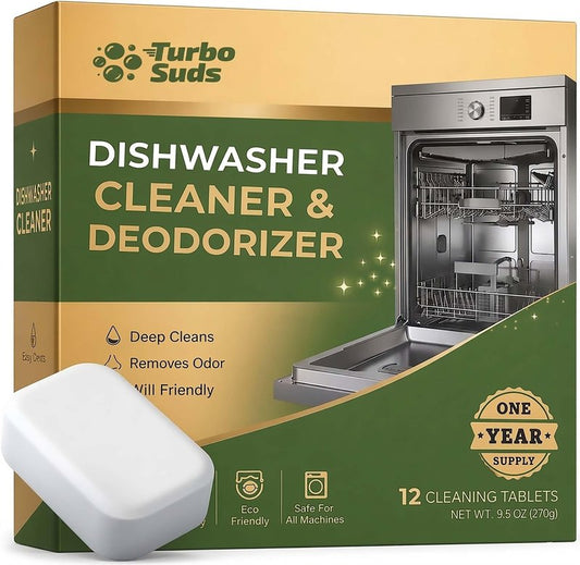 Turbo Suds Dishwasher Cleaner and Deodorizer XL Tablets – Heavy-Duty Descaler & Odor Remover for Hard Water, Removes Spots & Residue, Enhance Drying & Shine, 12 Pack (1 Year Supply)
