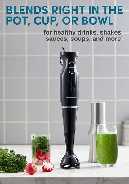 Elite Gourmet Immersion Hand Blender - 300 Watts, 2 Speed with Detachable Blades & Wand - Charcoal Black