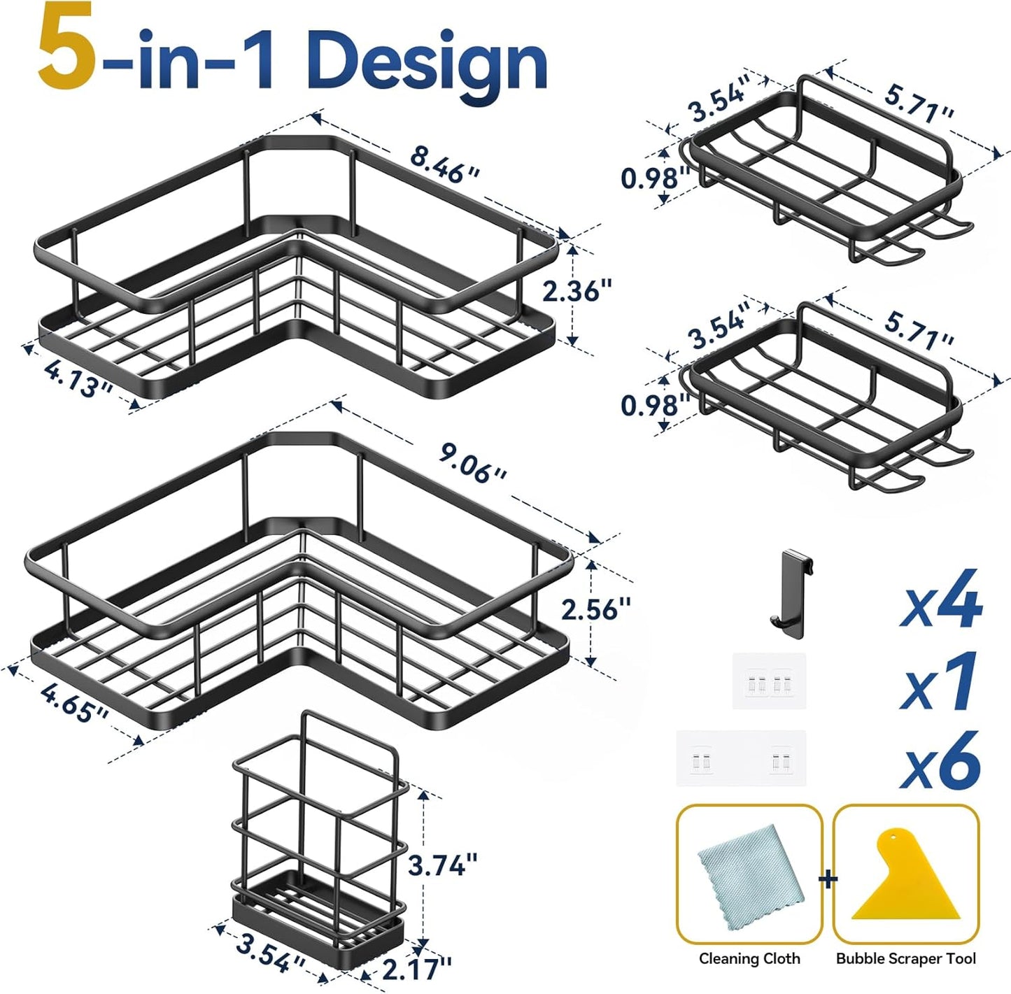 YASONIC Corner Shower Caddy - 5-Pack Rustproof Stainless Steel Organizer with Soap Holder | No-Drill, Black