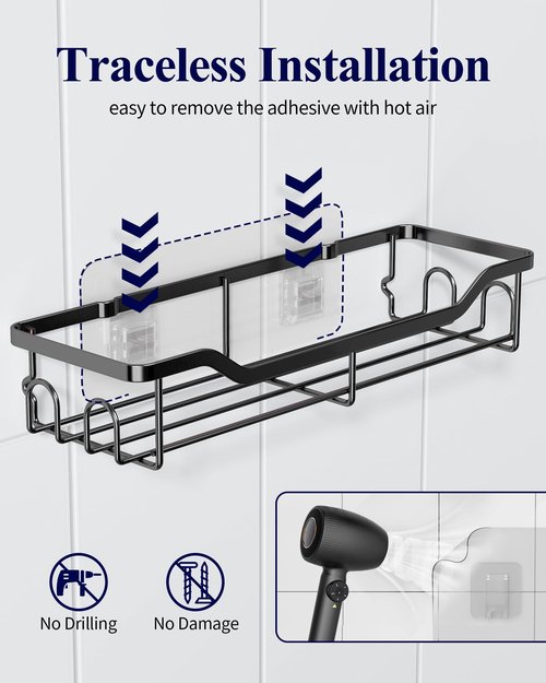 Kitsure Shower Caddy Large - Adhesive Shower Organizer, Stainless Steel Shelf for Inside Shower, No Drill Bathroom Organizers and Storage, Home Decor Accessories, 2 Pack, Black