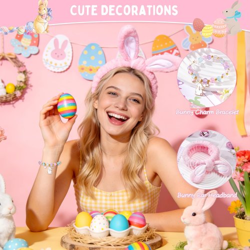 Frerdui Easter Gifts for Women & Teens, Prefilled Easter Basket Stuffers Essentials for Adults & Teen Girls with Bunny Glass Cup, Scented Candle, Socks & Bracelets