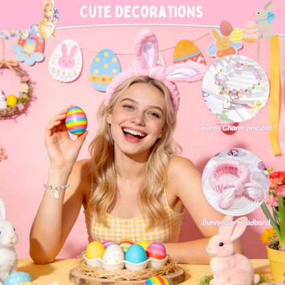 Frerdui Easter Gifts for Women & Teens, Prefilled Easter Basket Stuffers Essentials for Adults & Teen Girls with Bunny Glass Cup, Scented Candle, Socks & Bracelets
