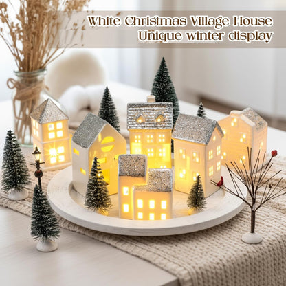Zubebe 30 Pcs LED Christmas Village Set - Porcelain Holiday Figurines for Indoor Decor | Silver