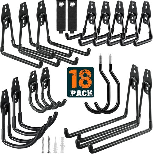 HUPBIPY Heavy Duty Garage Hooks - 18 Pack Steel Wall Mount Organizer for Tools, Ladders & Bikes