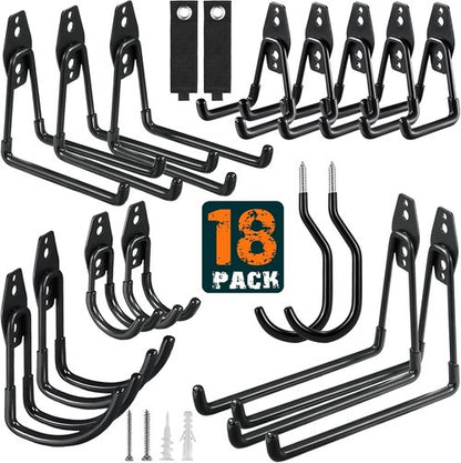 HUPBIPY Heavy Duty Garage Hooks - 18 Pack Steel Wall Mount Organizer for Tools, Ladders & Bikes