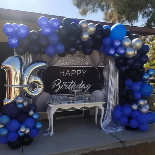Blue & Black Balloons | Metallic Navy Blue & Silver Latex Balloons for Birthday Parties & Celebrations