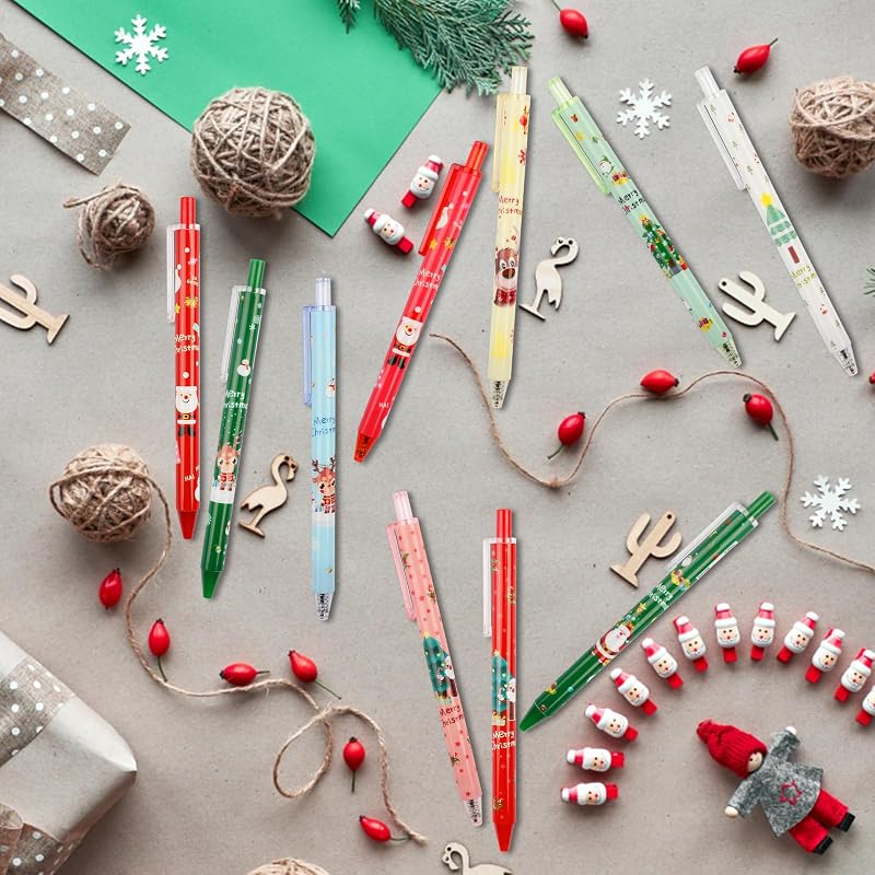 Christmas Gel Pens Set 30 Pcs - Retractable Ballpoint Pens with Santa, Snowman & Gifts