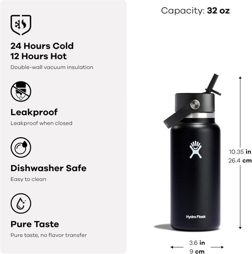 Hydro Flask Water Bottle - Insulated Stainless Steel - 32 Oz Wide Mouth with Flex Straw Lid, Leakproof
