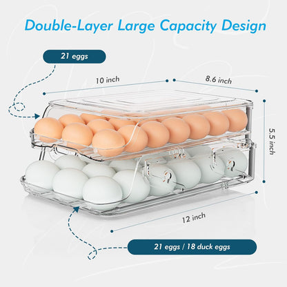 Skiennix Egg Holder - Foldable Automatic Rolling Container for Refrigerator | Large-Capacity, Clear Plastic (3 Dozen)