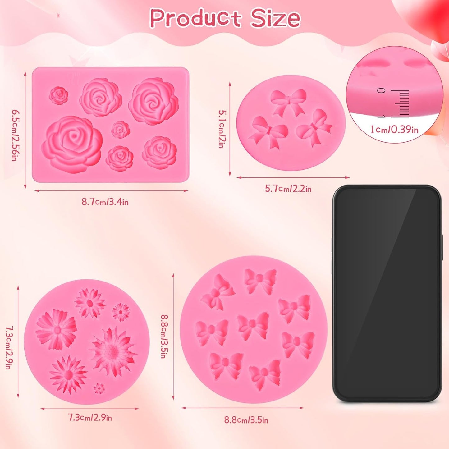 Pimoys Flower & Bow Silicone Molds - 4 Pcs Chocolate and Cake Decoration Set for Birthdays & Easter