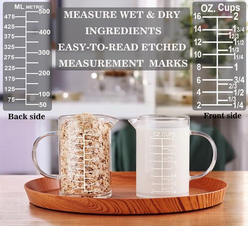 Ackers Etched Glass Measuring Cup - Insulated Handle & V-Shaped Spout - 500 ML (16 Oz, 2 Cup)