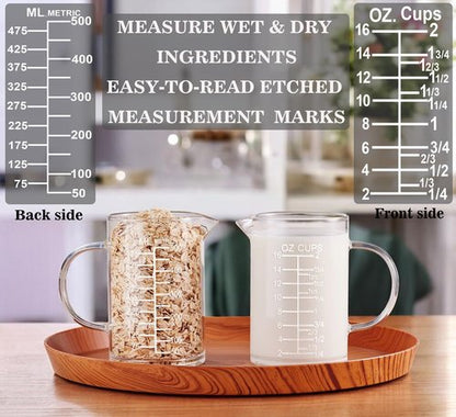 Ackers Etched Glass Measuring Cup - Insulated Handle & V-Shaped Spout - 500 ML (16 Oz, 2 Cup)
