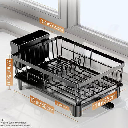 Small Dish Drying Rack by [Brand Name] - Space-Saving Kitchen Organizer with Cutlery Holder | 11''W x 15''L, Black