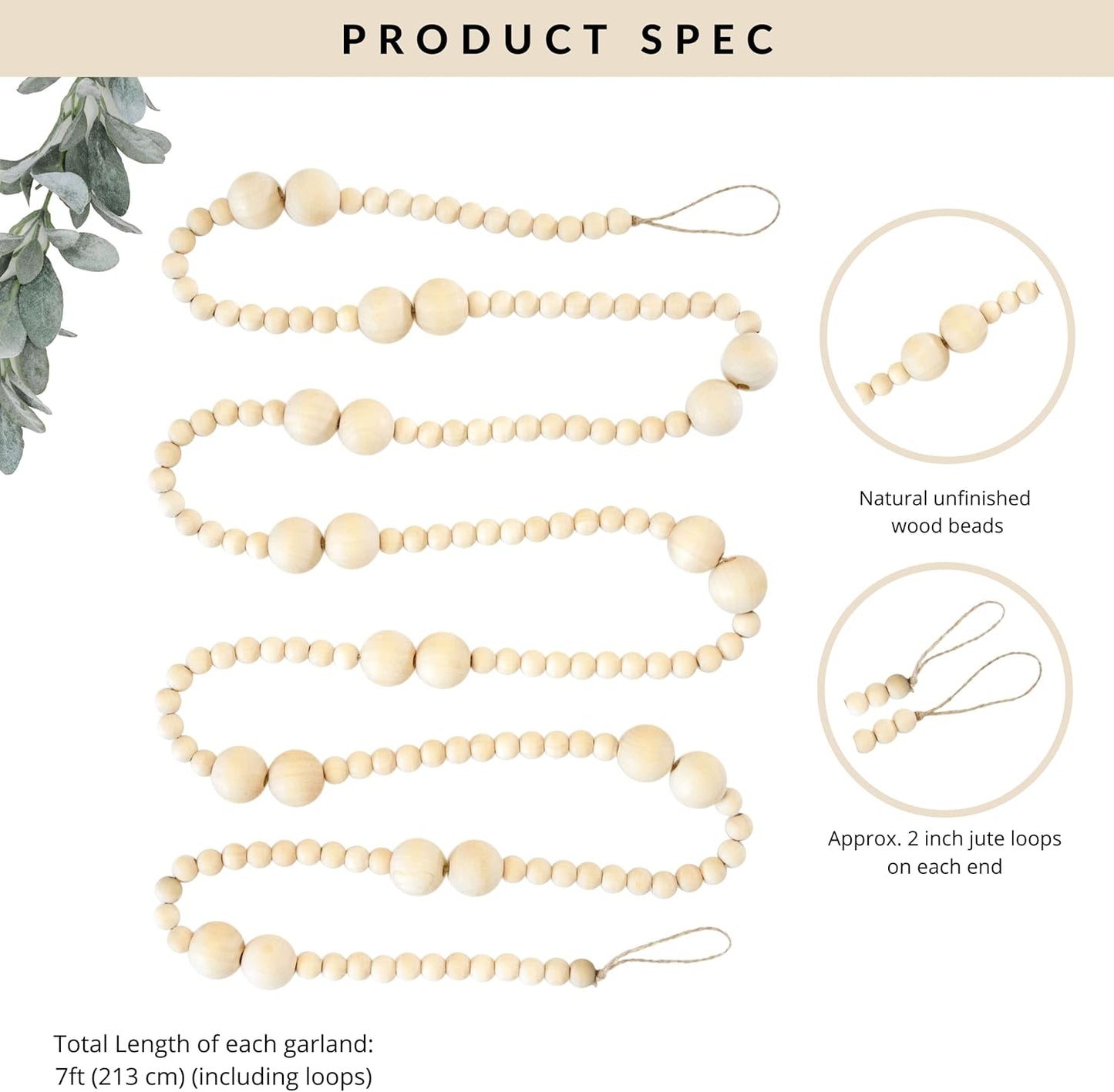 Skiennix 7ft Wooden Bead Garland - Rustic Holiday Decor for Christmas Tree | Natural Wood 2-Ball Design