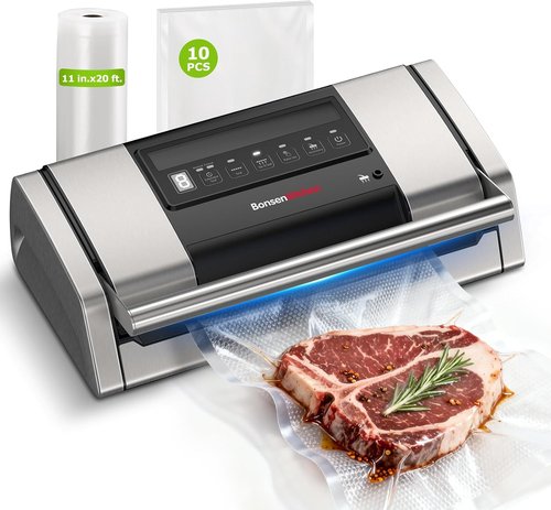 Bonsenkitchen Vacuum Sealer - Easy-Lock Handle Food Sealer with Built-in Cutter & Storage | Silver, Includes 1 Roll & 10 Bags