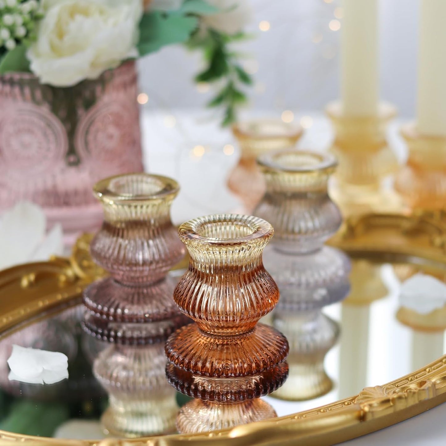 WDHODEC Orange Candlestick Holders - 12PCS Colorful Gradient Glass Taper Holders for Weddings & Parties