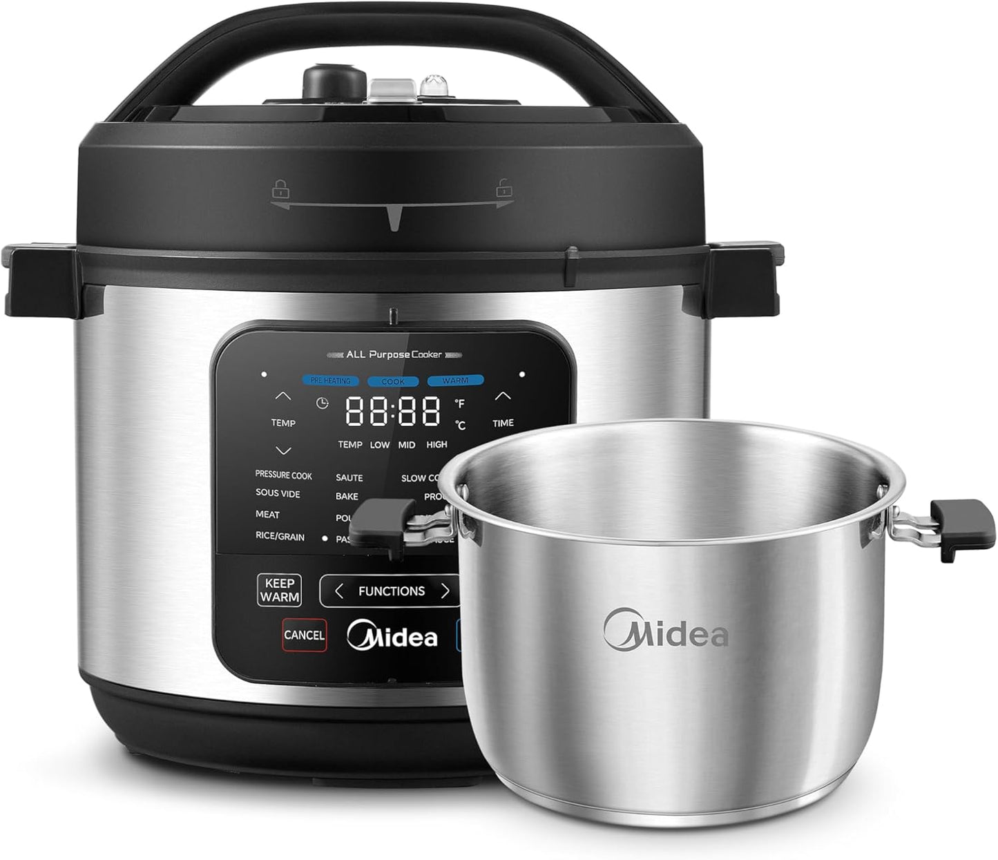 Midea 10-in-1 Electric Pressure Cooker - Versatile Slow Cooker, Steamer & Sous Vide - 6 Quart Stainless Steel Pot