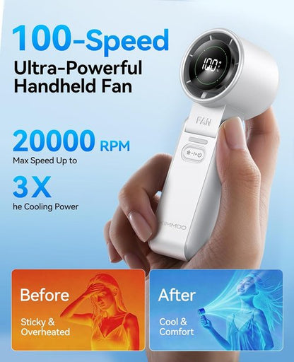 KIMMOO Portable Handheld Turbo Fan | 3-in-1 Design, 100 Speeds, 20000 RPM, 12Hrs Cooling, USB Rechargeable - White