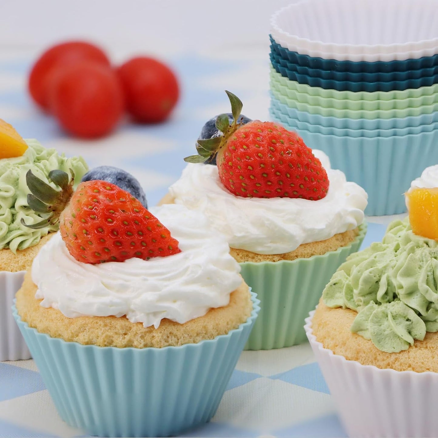 Skiennix Silicone Baking Muffin Cups - 12 Pack Reusable Cupcake Liners | BPA Free & Dishwasher Safe (White, Green, Navy, Dusty Blue)