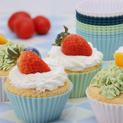 Skiennix Silicone Baking Muffin Cups - 12 Pack Reusable Cupcake Liners | BPA Free & Dishwasher Safe (White, Green, Navy, Dusty Blue)