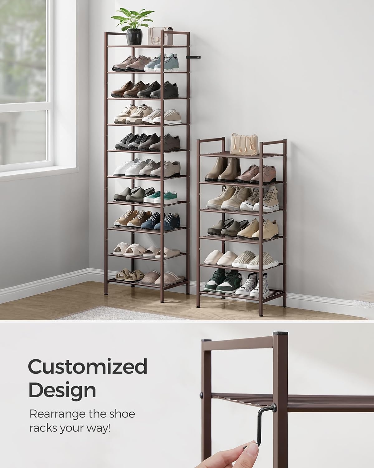 SONGMICS Narrow Shoe Rack - Sturdy 8-Tier Metal Organizer for Small Spaces | Bronze, 12"D x 17.6"W x 50.6"H