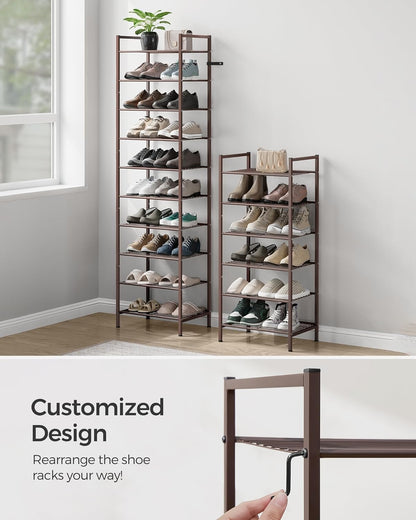 SONGMICS Narrow Shoe Rack - Sturdy 8-Tier Metal Organizer for Small Spaces | Bronze, 12"D x 17.6"W x 50.6"H