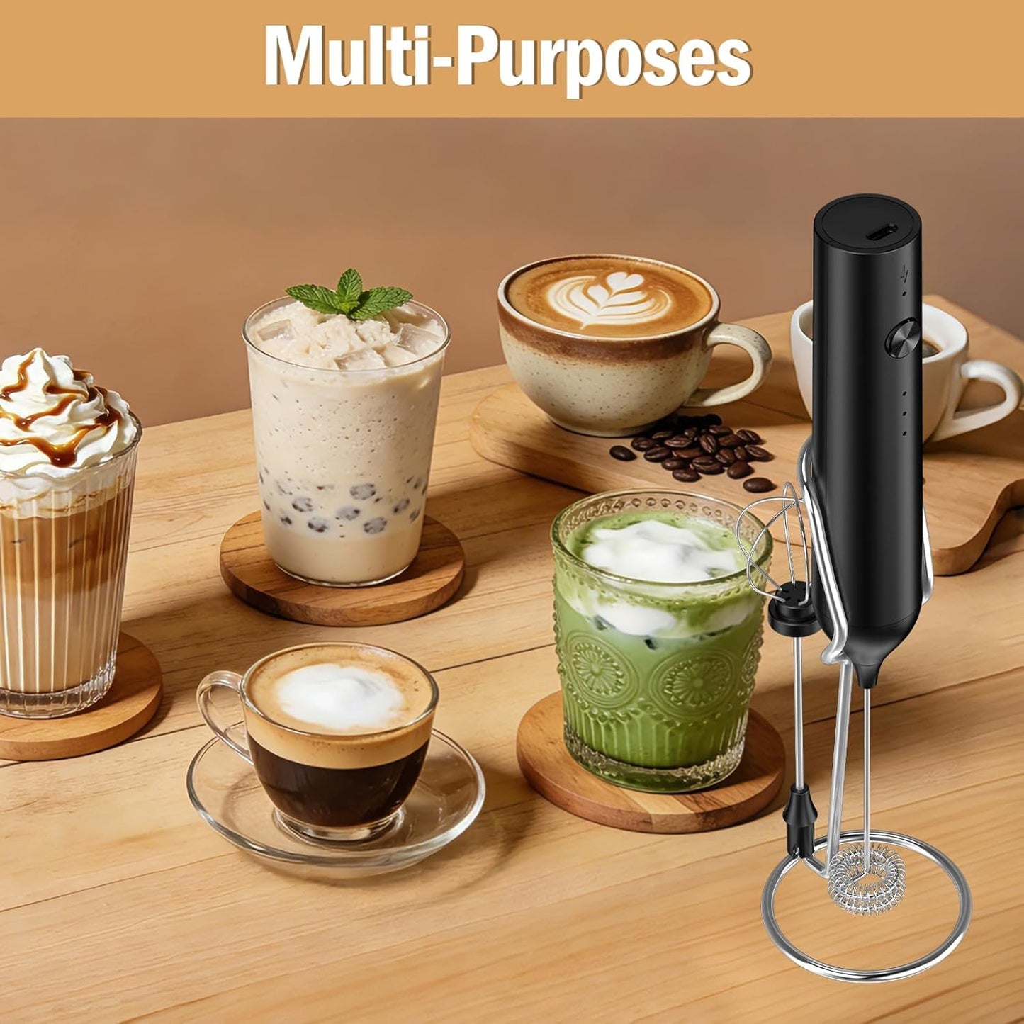 Skiennix Rechargeable Milk Frother - Handheld Electric Whisk with 3 Speeds & 2 Heads | Black