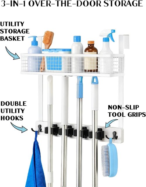 Lorbro Over The Door Broom Holder - No-Drill Wooden Mop Organizer with 4 Grips & 2 Hooks | Ideal for Laundry Room & Garage