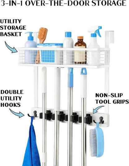 Lorbro Over The Door Broom Holder - No-Drill Wooden Mop Organizer with 4 Grips & 2 Hooks | Ideal for Laundry Room & Garage