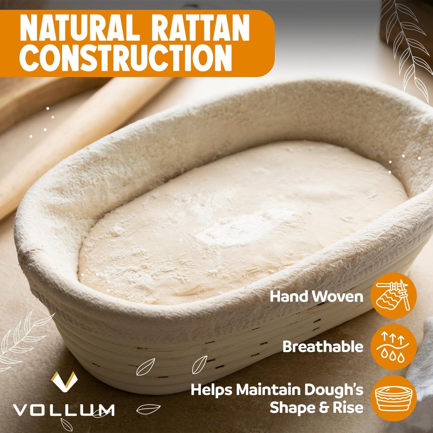 Vollum Banneton Bread Proofing Basket - Handwoven Rattan Cane for Artisan Sourdough | 8.5 x 3 In, 1-Pound Round