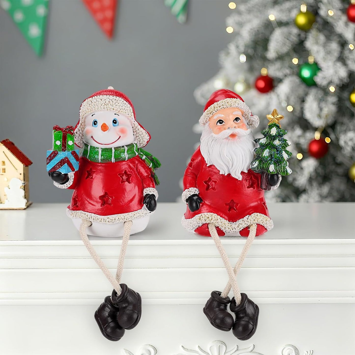 Regine Switzerland Christmas Figurines - Set of 2 Resin Santa & Snowman Shelf Sitters | Holiday Decor